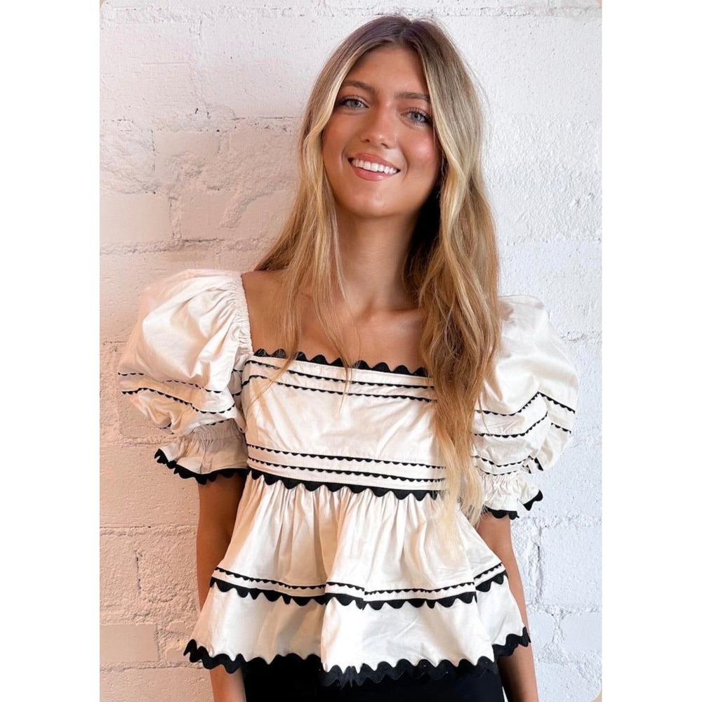 Sofie the Label Peplum Blouse Medium Cream Black Puff Sleeve Jeanie Blouse